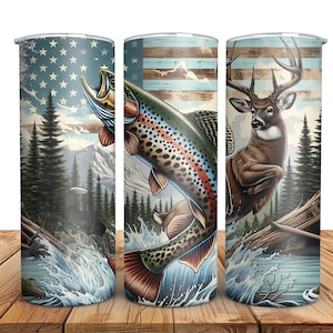 American Trout Fishing Deer Camo 20oz Skinny Tumbler Wrap,  Sublimation Design, Straight Tumbler, Instant Digital Download PNG, Tumbler Wrap