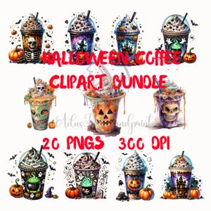 Halloween Coffee Clipart Set, Scary Gothic Watercolor Hot Coffee Drink Clipart Bundle, Spooky Season PNG Bundle, Pumpkin Instant Download