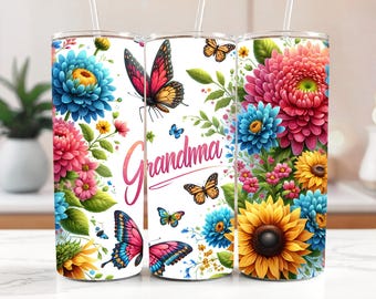 Grandma 20 oz Skinny Tumbler sublimation design, Flowers butterfly Watercolor floral digital PNG Straight tumbler wrap download