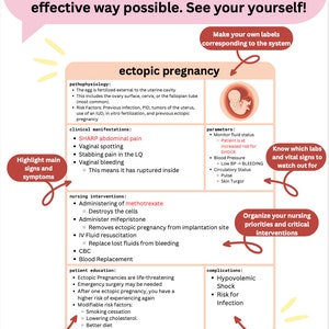 May include: A pink and white infographic with the title "ectopic pregnancy" and a cartoon illustration of a fetus. The infographic includes information about the condition, symptoms, nursing interventions, complications, and patient education.