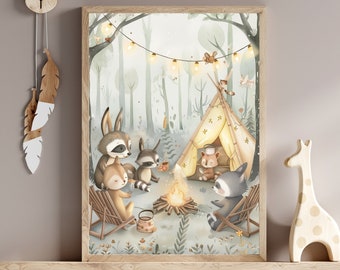 Woodland Friends Camping Boho Nursery Art Neutral Nursery Decor Digital Download Nursery Wall Decor Woodland Print Cute Art Gender Neutral