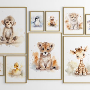 Lindo paquete de acuarela de animales bebés para guardería, arte de pared de guardería para guarderías de género neutro, descarga digital con estampado de animales.