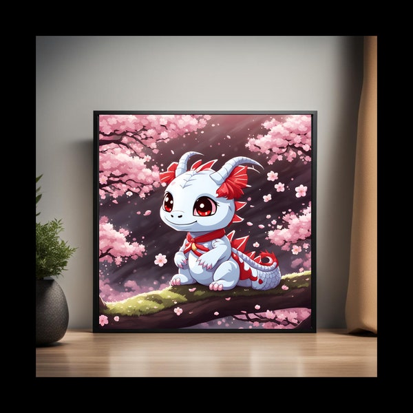 Japanse Dragon Chibi Instant Digitale Download | Folklore kunstafdruk | Kersenbloesem | Minimalistisch ontwerp | kinderkamer wanddecoratie