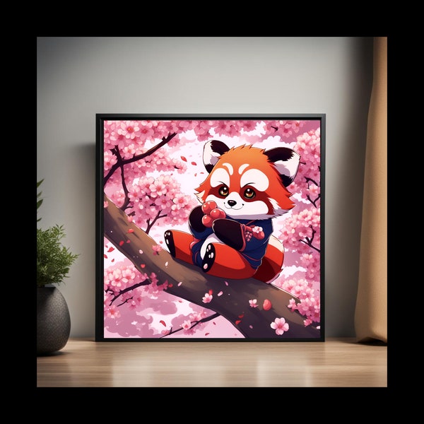 Chibi Red Panda Wall Art, Anime Style Nursery Decor, Instant Download, Minimalist Cherry Blossom, Perfect Baby Shower Gift, Baby Shower Gift