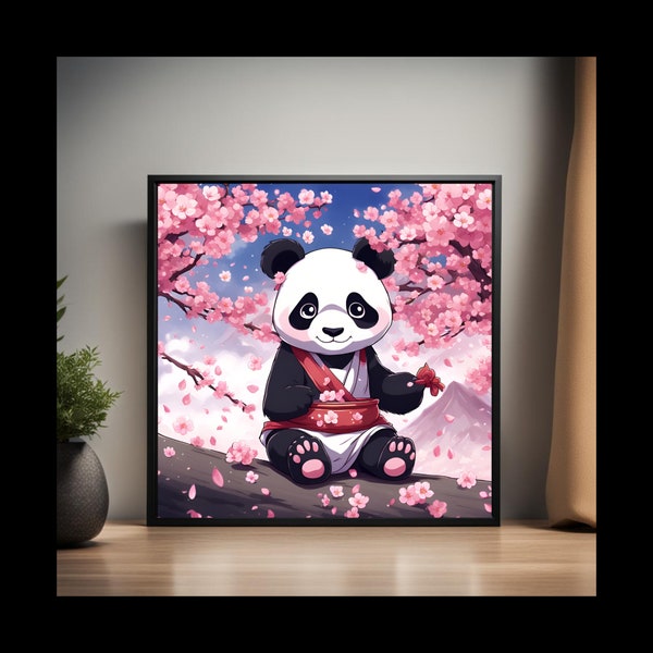Chibi Panda Cherry Blossom Nursery Art Print |   Instant download |   Minimalist Home Decor |   Kids Room Decor |   Adorable Animal Art