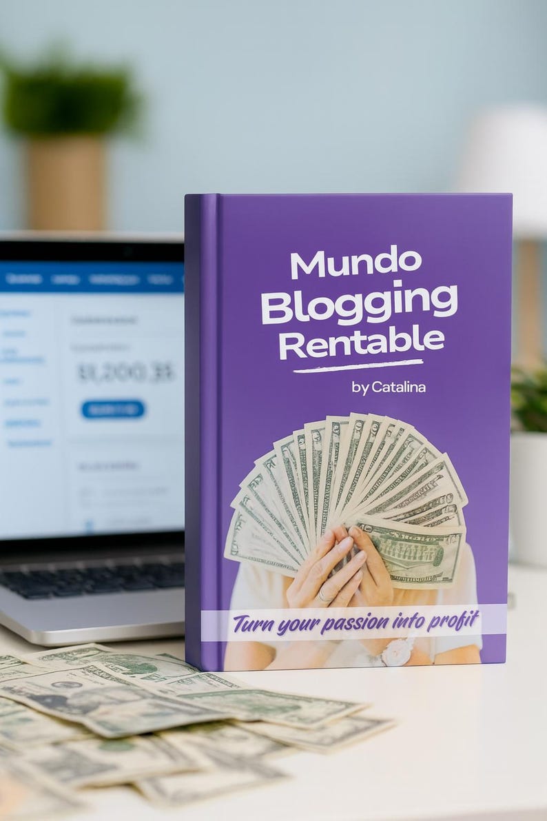 May include: A purple book titled "Mundo Blogging Rentable" with the subtitle "by Catalina" and the tagline "Turn your passion into profit." The cover features a fan of US dollar bills. A laptop and more cash are in the background.