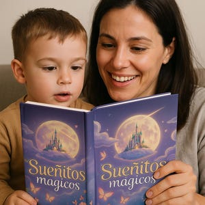 May include: A mother and child are reading a book together. The book has a purple cover with a colourful illustration of a castle on a cloud with a full moon and shooting star. The title of the book is "Sueñitos mágicos".