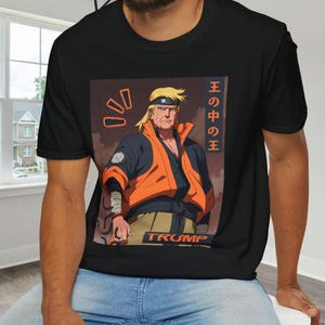 Donald Trump Anime Style Shirt, Retro Japanese Cartoon Graphic Tee for Pop Culture Fans, Political Parody Apparel, Manga-Inspired Trump