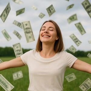 May include: A woman with short brown hair and a cream-colored t-shirt smiles with her arms outstretched as dollar bills fall around her. The background is a green field and a cloudy sky.