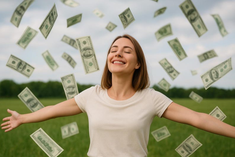 May include: A woman with short brown hair and a cream-colored t-shirt smiles with her arms outstretched as dollar bills fall around her. The background is a green field and a cloudy sky.