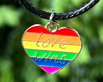 PRIDE Necklace Rainbow Heart with Message Love Wins for Pride Month LGBTQ+ Jewelry Accessories