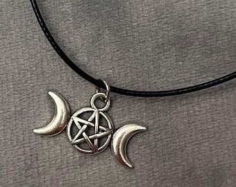 Choker Triple Moon Necklace Wicca Gift Pagan Pendant Star Silver Imitation Crescent Moon Godess Jewelry Pentacle and Moons