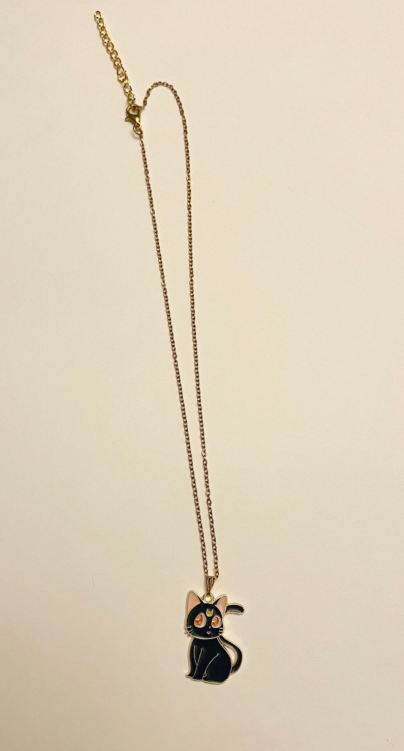 Op de afbeelding: Een gouden ketting met een zwarte kat hanger. De kat heeft roze oren en een halve maan op zijn voorhoofd. De ogen van de kat zijn oranje met een gele ster in elk oog.