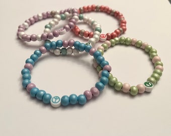 Peace Bracelet Summer Jewelry Wood Beads Boho Bracelet with Peace Sign
