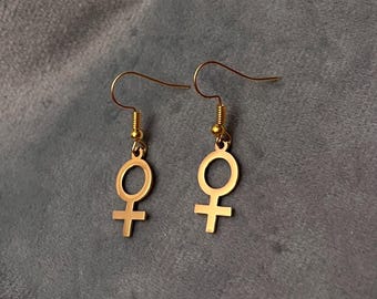 Golden Feminist Earrings Female Symbol Gift for Feminist Minimalistic Jewelry Woman Symbol Earrings Venus Symbol Gold Imitation
