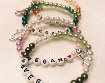 VEGAN Bracelet Beaded Stretch Bracelet Handmade Jewelry with Message Gift for Activist Pig Lover Word Bracelet Vegan Charm Bracelet