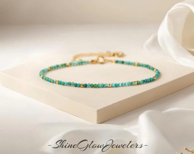 2mm Natural Turquoise Bracelet, Dainty Healing Crystal Jewelry for Women, Minimalist Stacking Gemstone Bead Bracelet Gift