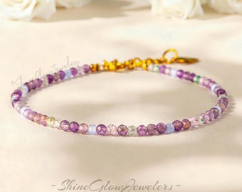 Healing Rainbow Fluorite Bracelet, Natural Gemstone Minimalist Jewelry, Crown Chakra, Stacking, Dainty Bracelet for Women