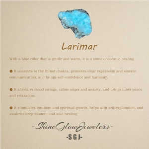 May include: A light blue Larimar crystal with a description of its healing properties. It connects to the throat chakra, promotes clear expression, and brings self-confidence and harmony. It alleviates mood swings, calms anger and anxiety, and brings inner peace and relaxation. It stimulates intuition and spiritual growth, helps with self-exploration, and awakens deep wisdom and soul healing. The text also includes the name of the seller, Shine Glow Jewelers, and their abbreviation, SGJ.