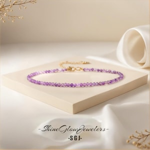 Bracelet de perles d'améthyste naturelle, bracelet de pierre de naissance de février, pierre précieuse violette délicate de 3 mm, cadeau de la Saint-Valentin, cadeau Verseau poissons
