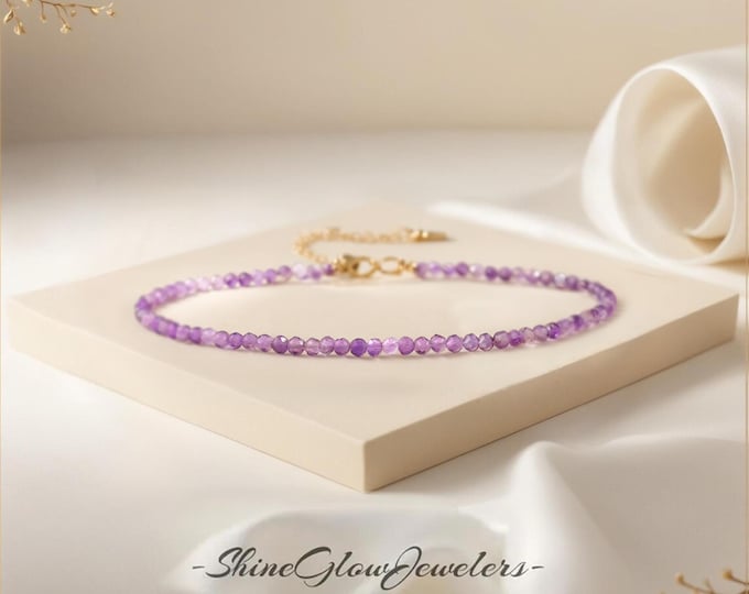 Natural Amethyst Beaded Bracelet, February Birthstone Bracelet, 3mm Dainty Purple Gemstone, Valentine's Day Gift, Aquarius Pisces Gift