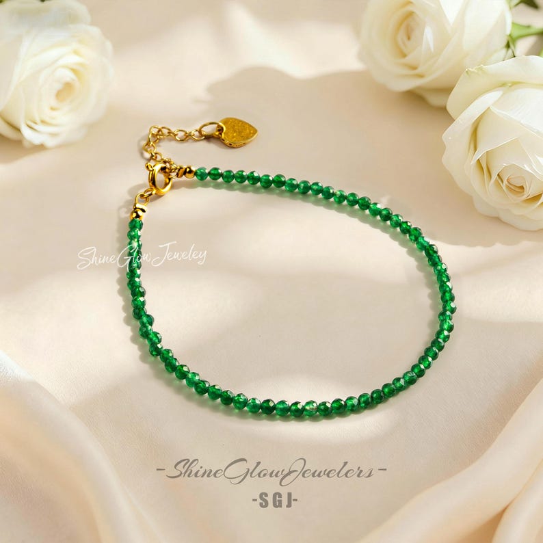 Emerald Bracelet, Luxury Gemstone Jewelry, Natural Healing Energy, Dainty Layering Bracelet for Women, May Birthstone Gift, Heart Chakra Bracelet