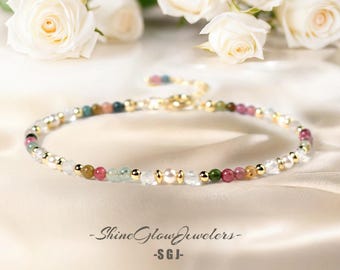 Rainbow Tourmaline Pearl Crystal Bracelet, 3mm Beaded Delicate Minimalist Jewelry with Gift Box, Dainty Stackable Bracelet for Women