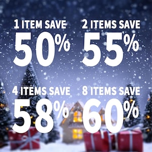 May include: A snowy winter scene with a Christmas-themed background. The image features four text boxes with different discount percentages: 50%, 55%, 58%, and 60%. The text boxes are labeled with the number of items needed to receive the discount: 1 item, 2 items, 4 items, and 8 items.