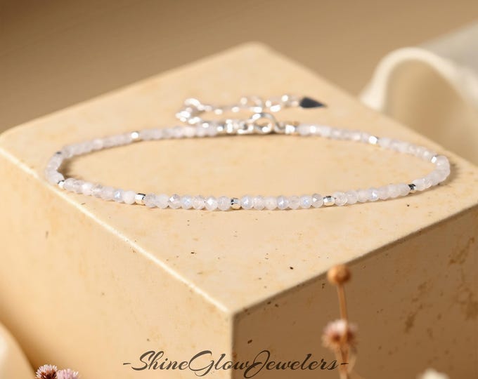 Rainbow Moonstone Bracelet, Dainty 925 Sterling Silver Beaded Women Jewelry, Minimalist Anxiety Relief Crystal, Spiritual Healing Gift