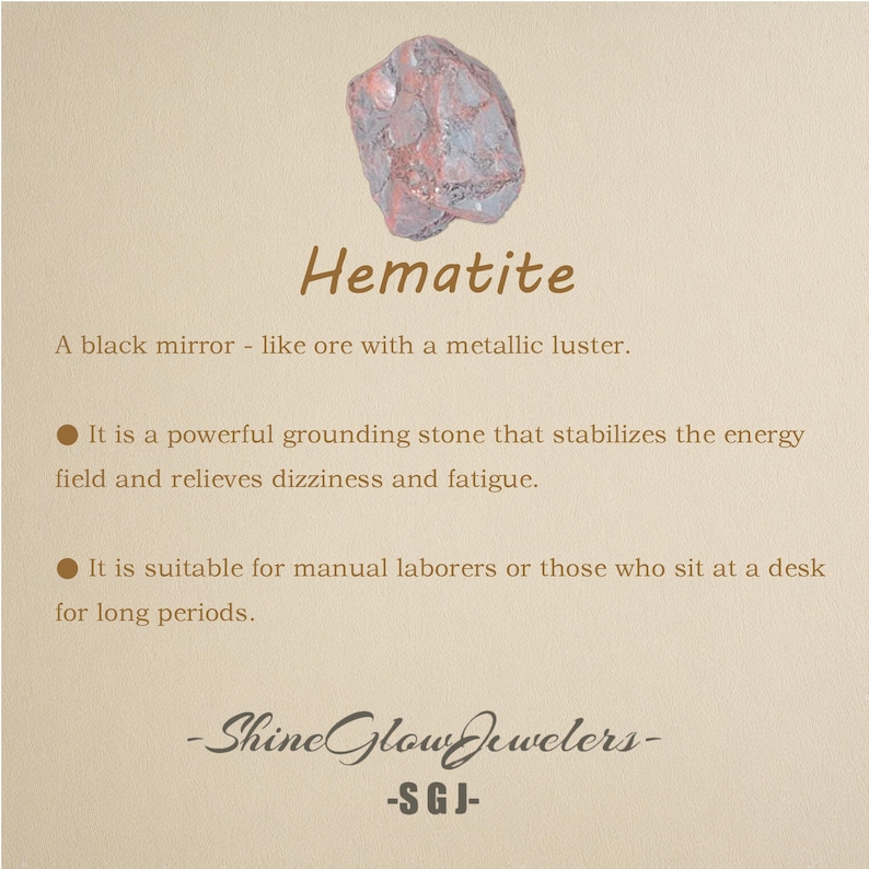 May include: A close-up of a Hematite crystal, a black mirror-like ore with a metallic luster. It is a powerful grounding stone that stabilizes energy and relieves dizziness and fatigue. It is suitable for manual laborers or those who sit at a desk for long periods. -Shine Glow Jewelers- -SGJ-