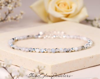 Moonstone Bracelet, Rainbow Moonstone Beaded Dainty Bracelet, Healing Crystal Delicate Bracelet Spiritual Protection Bracelet Gift for her