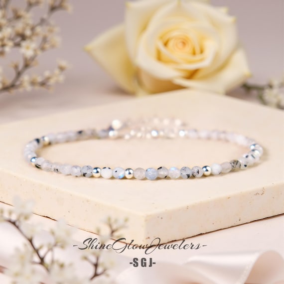 Moonstone Bracelet, Rainbow Moonstone Beaded Dainty Bracelet, Healing Crystal Delicate Bracelet Spiritual Protection Bracelet Gift for her