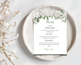 White Green Gardenia Modern Floral Wedding Menu, Diy wedding menu, Floral Food Menu Template, Editable menu, Minimalist menu, Menu Template