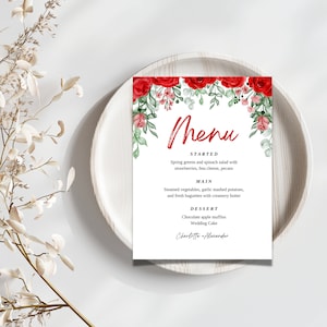 Red Freedom Rose Wedding Menu Templates, Reception menu, Red rose menu, Restaurant menu, Editable Menu, Minimalist menu, Menu Template
