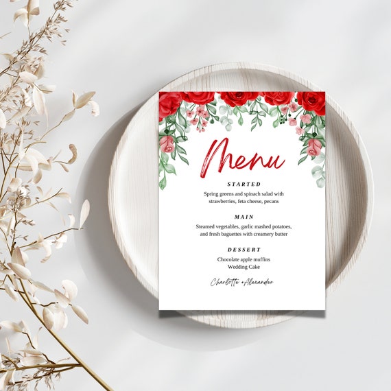 Red Freedom Rose Wedding Menu Templates, Reception menu, Red rose menu, Restaurant menu, Editable Menu, Minimalist menu, Menu Template