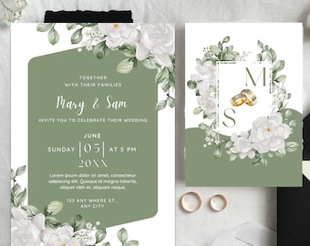 White Green Gardenia Modern Wedding Invitation, Green Invite, Elegant Rustic Design, Customizable Invite, Editable Wedding Invitation, 5 X 7