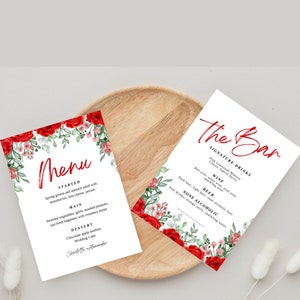 May include: A wedding menu and bar menu with a floral design featuring red roses and green leaves. The menu lists the food and drinks that will be served at the wedding reception. The text on the menu reads "Menu", "Started", "Spring greens and spinach salad with strawberries, feta cheese, pecans", "Main", "Steamed vegetables, garlic mashed potatoes, and fresh baguettes with creamery butter", "Dessert", "Chocolate apple muffins", "Wedding Cake", "Charlotte + Alexander", "The Bar", "Signature Drinks", "Pink Lemonade Mimosa", "Classic Aperol Spritz", "Wine", "Red wine, white wine, pink wine", "sparkling wine", "Beer", "Dark beer, light beer, none alcoholic beer", "None Alcoholic", "Soft drinks, orange juice, sparkling water".