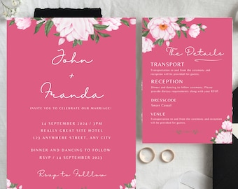 Blush Blossom Floral Wedding Invitation, Blush Wedding Invitation Set, Customizable Invite, Romantic Invites Style, Editable Invitation Set