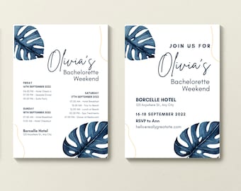 Navy Blue Tropical Bachelorette Itinerary Template, Editable Invitation Included, Beach Party Schedule, Hawaiian Theme, Destination Wedding