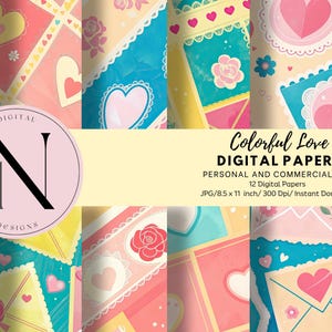 Puede incluir: Doce papeles digitales con un diseño de patchwork colorido con corazones, flores y sobres. Los papeles son perfectos para scrapbooking, creación de tarjetas y otros proyectos de manualidades. El texto "Colorful Love Digital Papers" se muestra en la imagen.