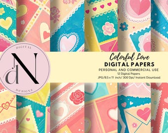 Färgglada digitala kärlekspapper, Alla hjärtans dag scrapbooking, hjärtmönster, utskrivbara bilder med kärlekstema, Alla hjärtans dag DIY-tillbehör