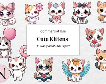 Adorable Kitten Clipart Bundle, Cute Kawaii Style, Cute Cat Clipart, Kawaii style cat