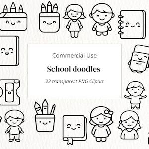 School Doodles Clipart | Cute school clipart | Black and white teacher clipart | Back to school PNG images | Hand-drawn school graphics