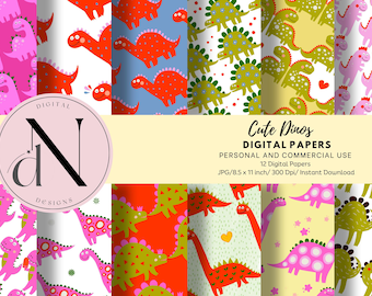 Carta digitale dinosauro, carta digitale dinosauro carino, scrapbooking dinosauro, modello dinosauro, carta stampabile dinosauro, carta digitale per bambini