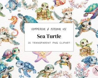 Watercolor Sea Turtle Clipart | Turtle Png | Cute Sea Turtle Clipart | Digital Download | Marine Turtle | Nautical Clipart | Ocean Animals