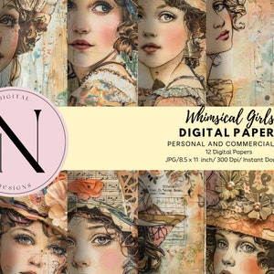 Whimsical Girls Junk Journal Pages, Whimsical Digital Papers, Whimsical Vintage Girls Junk Journal Pages, Whimsical Scrapbooking Digital