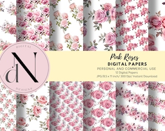 Pink Roses Digital Paper Pack: Floral Scrapbooking (Digital Download)