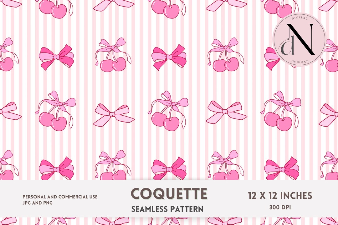 Coquette Seamless Pattern Pink | Cherry Bow Digital Paper | Cute Girly ...