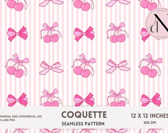 Coquette Seamless Pattern Pink | Cherry Bow Digital Paper | Cute Girly Pastel Pattern | Fabric & Scrapbook Design | 12x12 PNG JPG