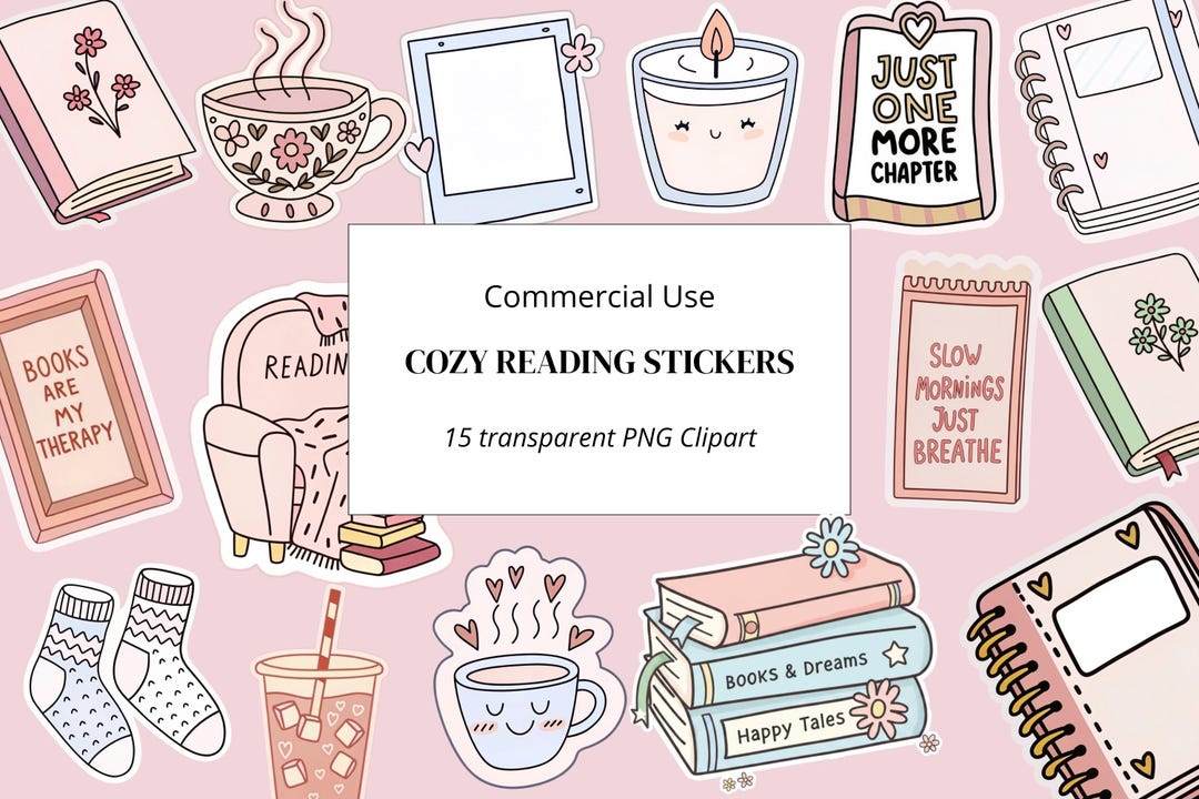 Cozy Reading Stickers PNG Clipart Bundle, Cute Book Lover Stickers ...